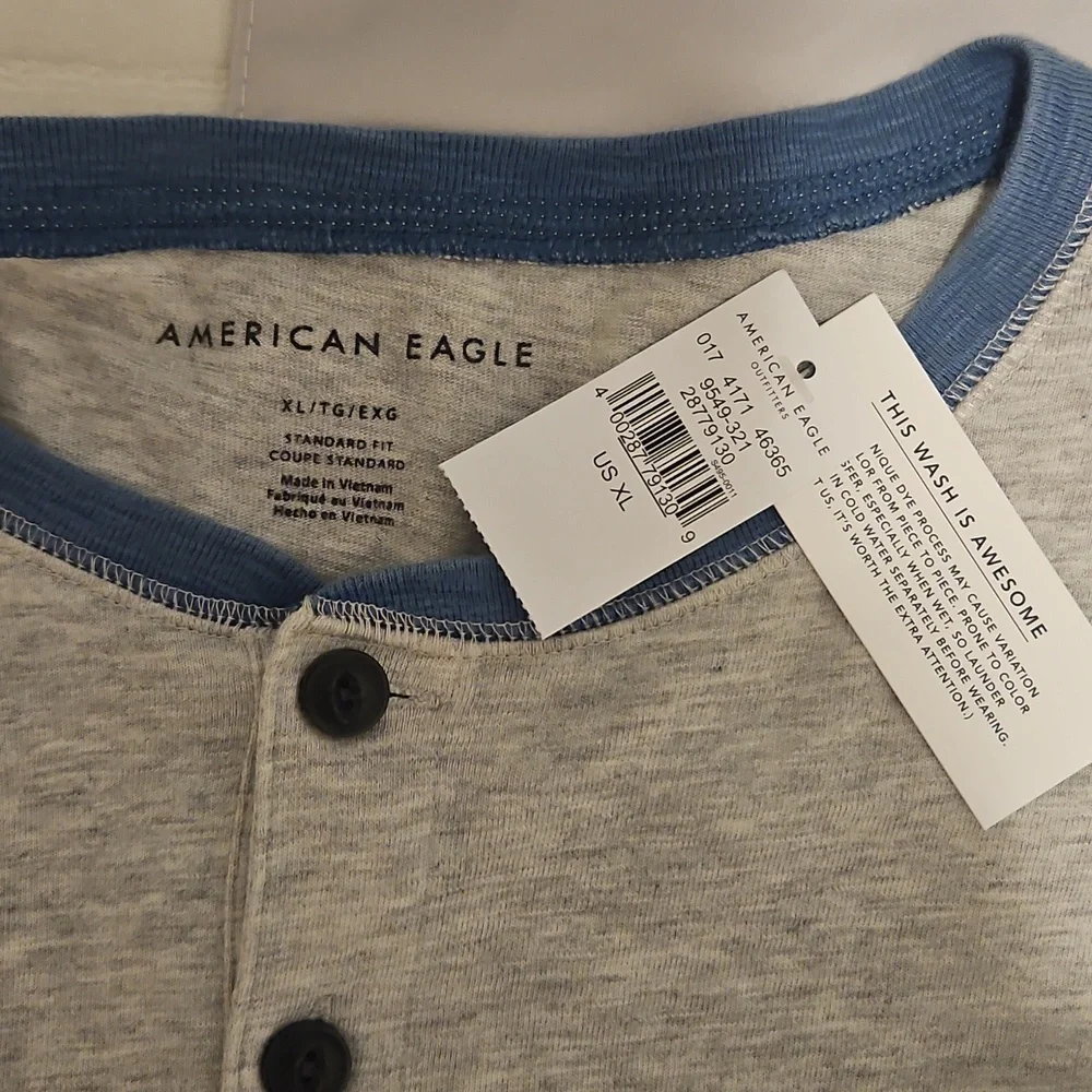 Gray and Blue Long Sleeve Henley Shirt - Picture 2 of 3
